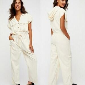 Free People Hooded Jumpsuit Short Sleeve Butter Yellow Cream Utility Size XS